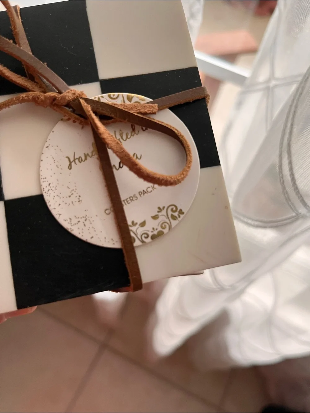 Checkerboard Coaster Set with Brown Trim - White & Black